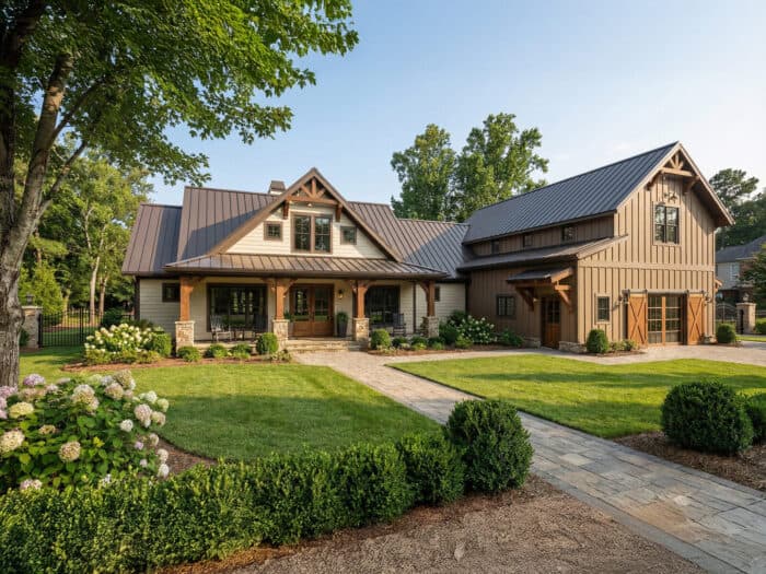 Elegant timber frame barn home with natural materials, set in a scenic lakeside environment, perfect.