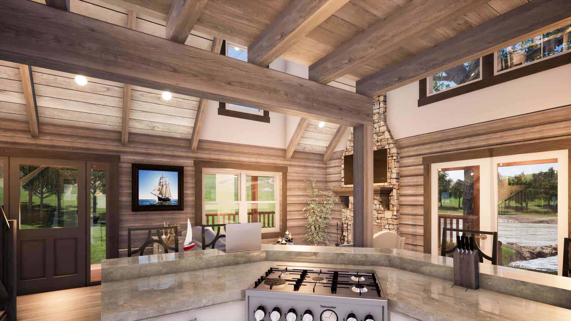 Rustic log cabin with natural materials, mountain setting, and handcrafted timber frame architecture.