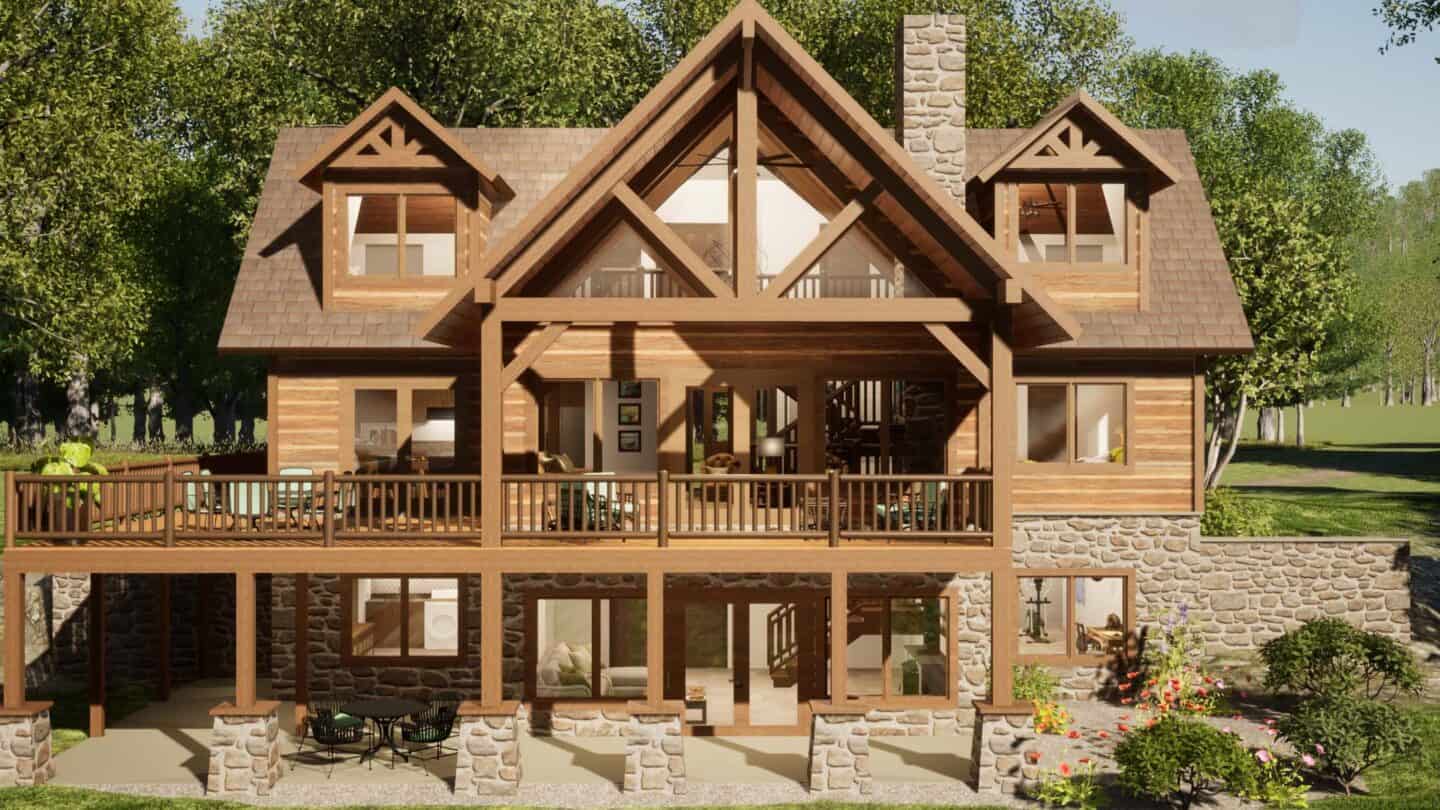 Custom log cabin home with timber frame design in a scenic mountain setting, crafted from natural ma.