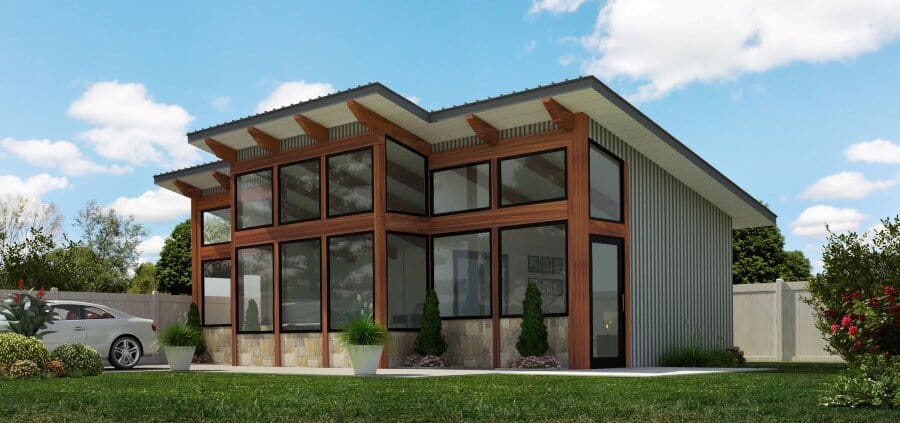 A lush, modern timber frame home with large windows set in a scenic natural landscape, showcasing cu.