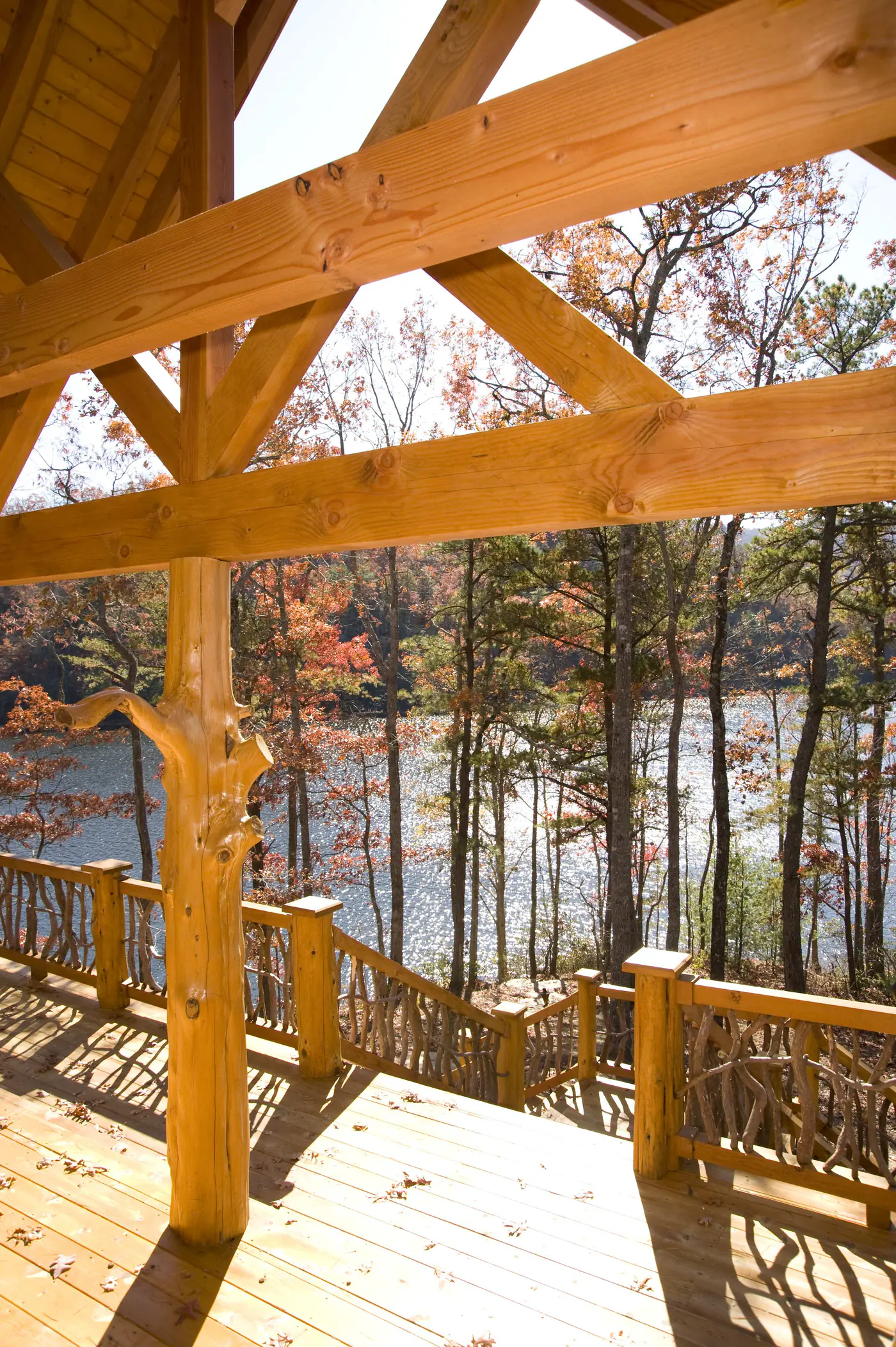 Natural wood and stone materials used in custom log home construction