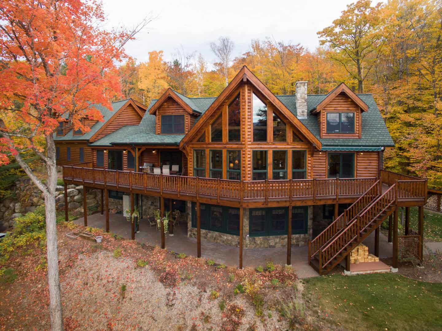 Eco-Friendly Log Cabin Home in Autumn Forest.
