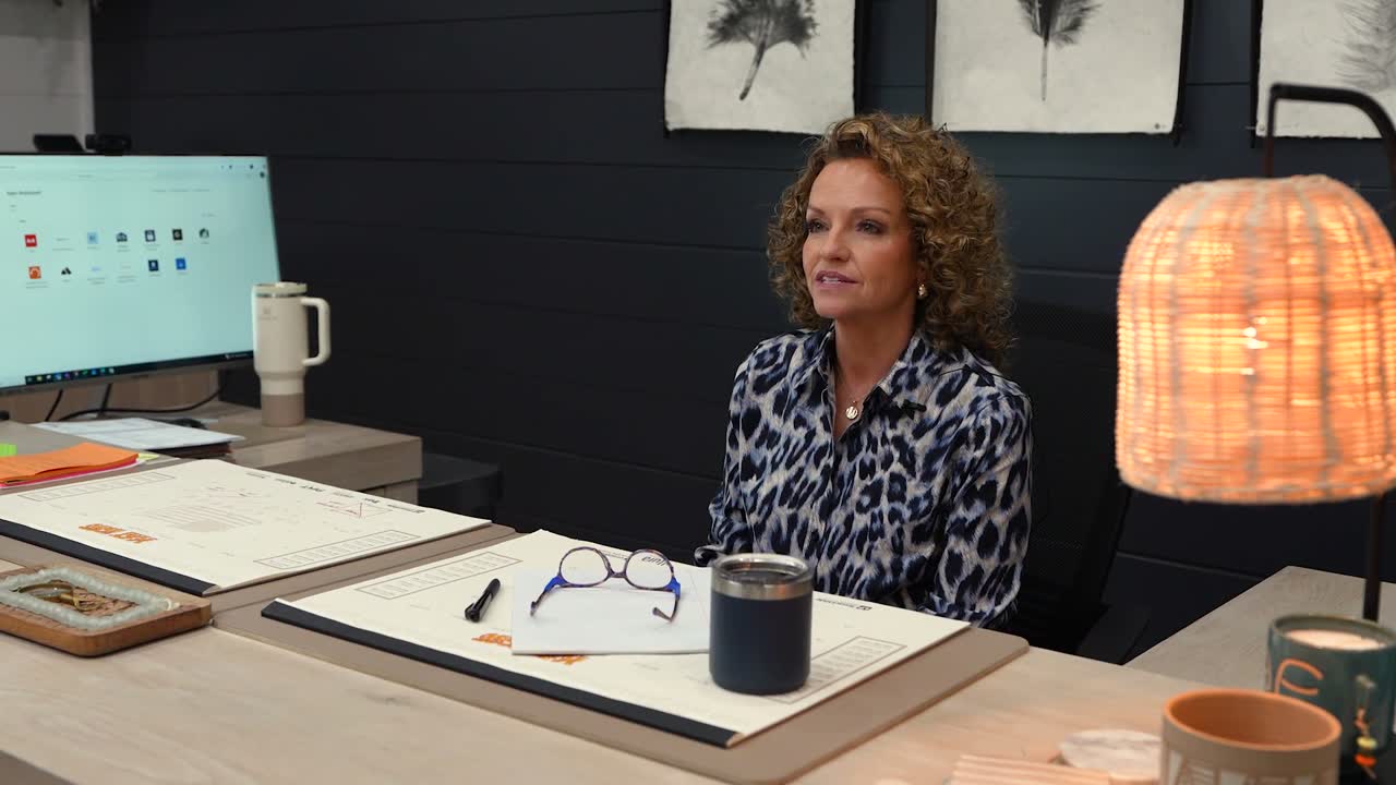 Natural Element Homes builder interviewed at her desk discussing custom home building